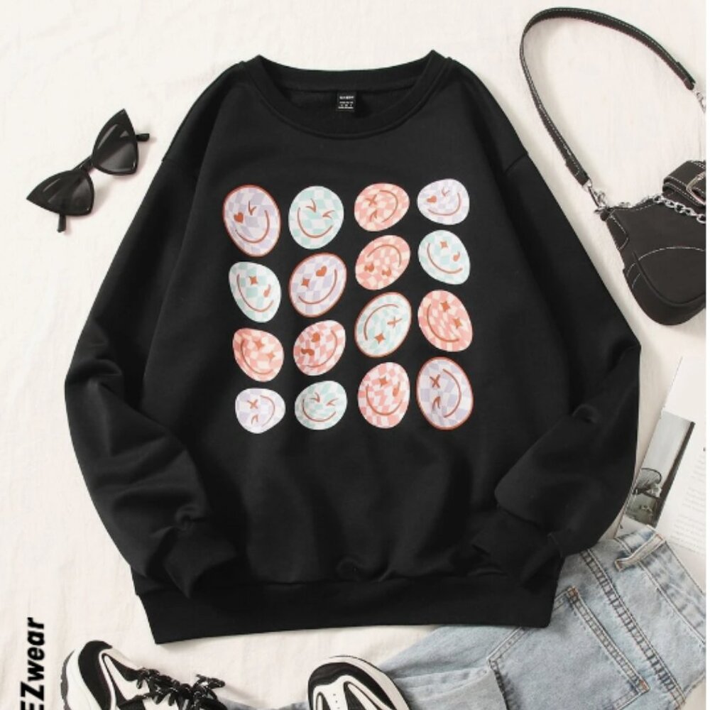 Smiley face Cartoon Print Drop Shoulder Sweatshirt